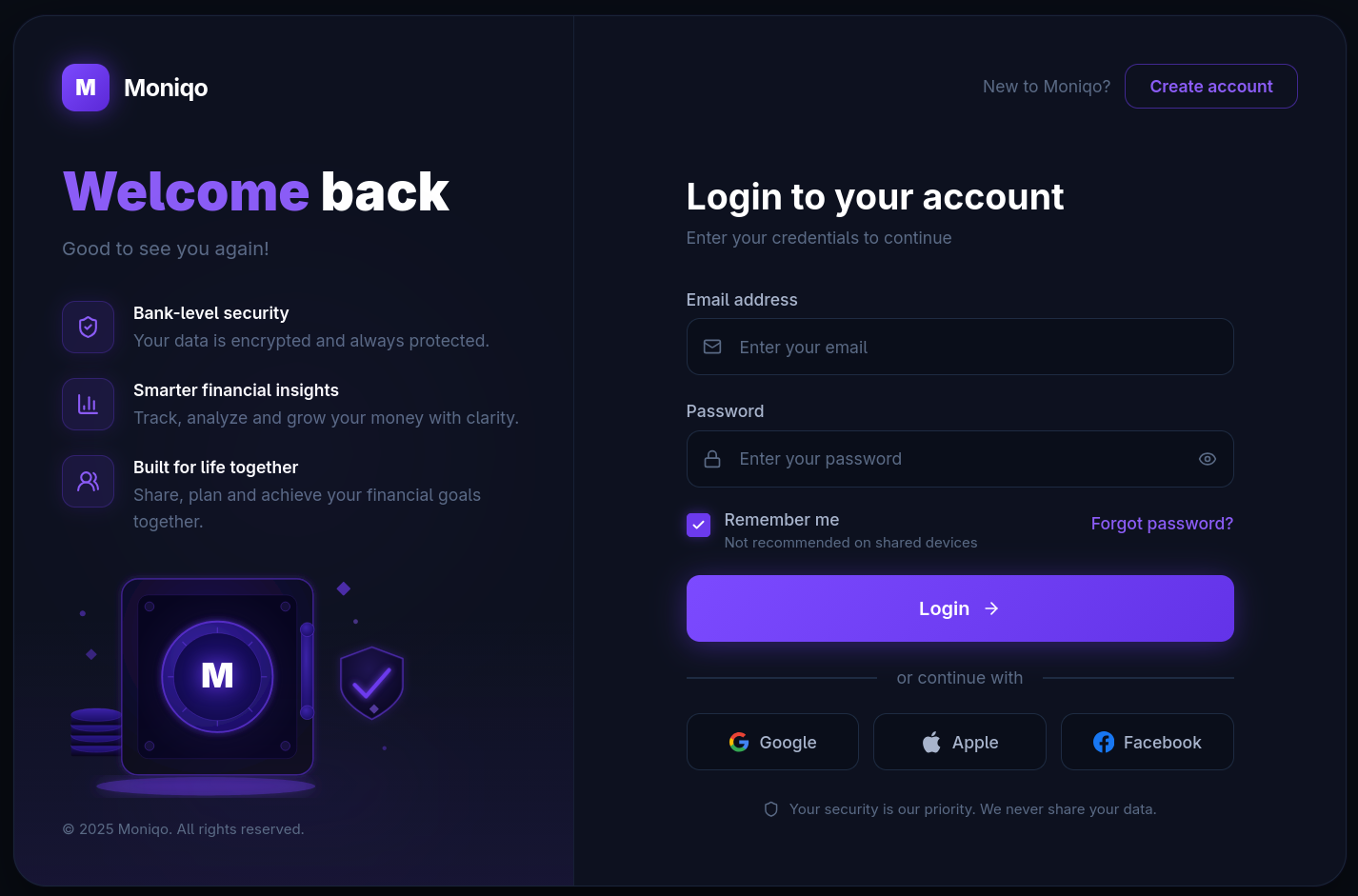 The Moniqo sign up page